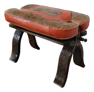 Handcrafted Moroccan Camel Saddle, Genuine Leather Cushion Stool / Orange and Tan