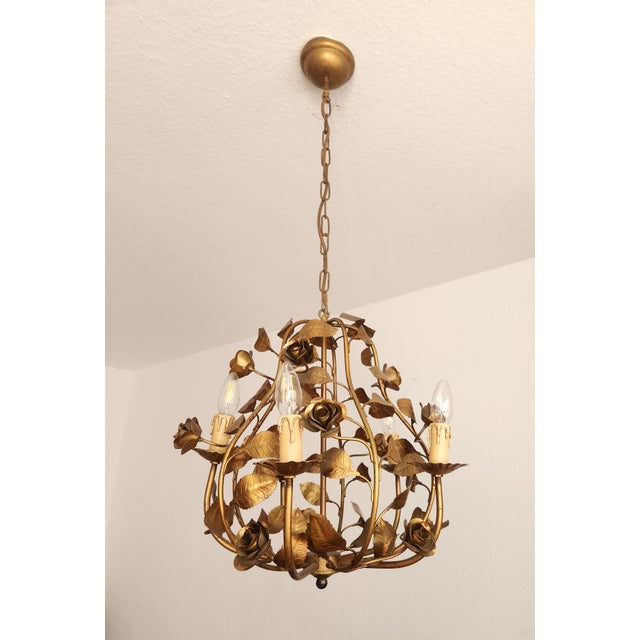 Mid-Century Modern Hollywood Regency 4-Light Floral Chandelier in Hand-Forged Dark Gilt Metal with Rose and Leaf Ornaments, 1960s For Sale - Image 3 of 18