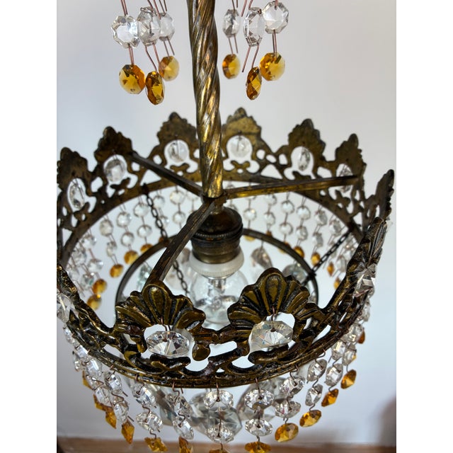 Rare Vintage Brass Crystal Chandelier | 1960s | Amber & Clear Crystal Pendant Light For Sale - Image 13 of 16