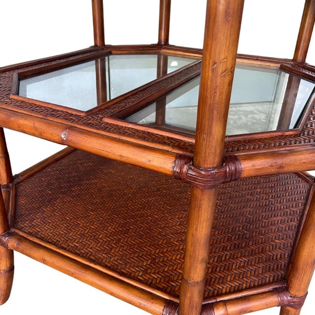 American 3-Tier Octagonal Faux Bamboo Side Table Woven Rattan Top For Sale - Image 4 of 10