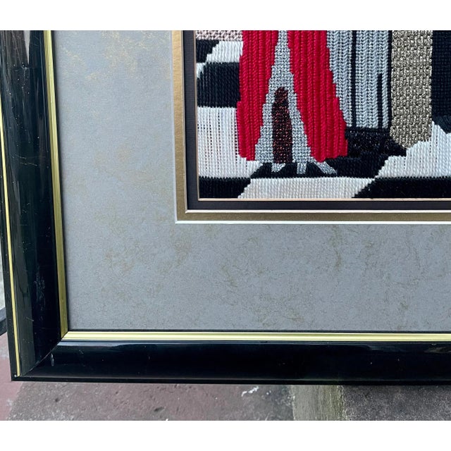 Tan 1980s Vintage Framed Embroidered Party People Portraiture For Sale - Image 8 of 12