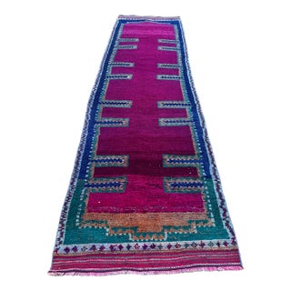 Vintage Hot Pink and Teal Color Kurdish Tribal Runner Rug For Sale