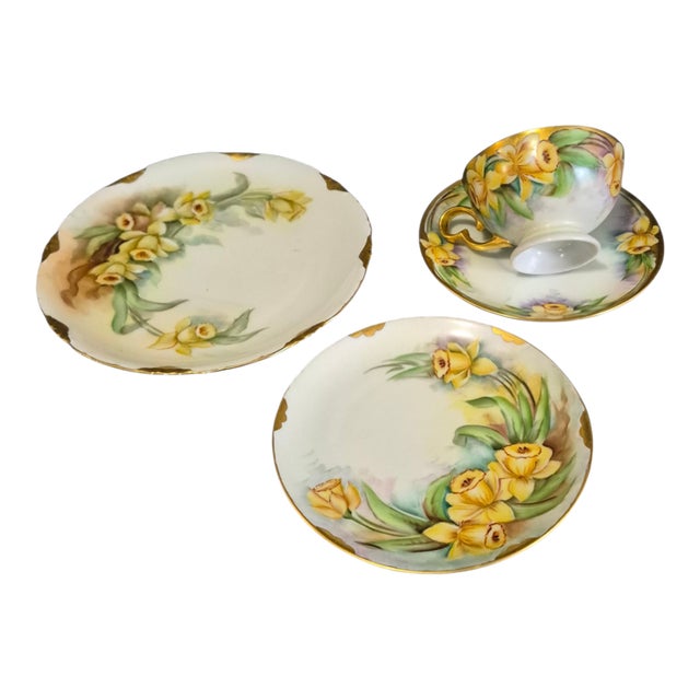 Vintage Plankenhammer Floss Bavaria Hand Painted Daffodils Gilded Porcelain 4piece Tea Set For Sale