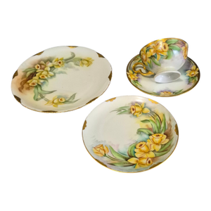 Vintage Plankenhammer Floss Bavaria Hand Painted Daffodils Gilded Porcelain 4piece Tea Set