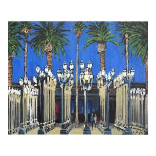 Electric Blue Lacma Lights - Original Los Angeles Landmark Acrylic Painting on Canvas by Kathleen Keifer For Sale