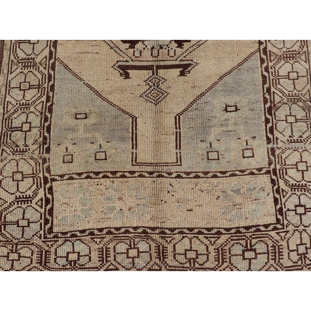 Mid 20th Century Geometric Tribal Vintage Turkish Oushak Rug in Brown Cream Light Blue and Tan For Sale - Image 4 of 13
