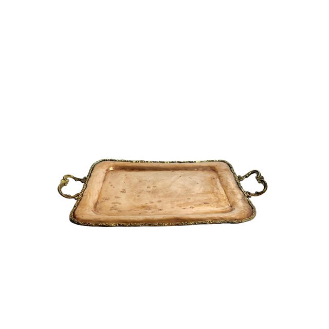 Vintage hammered copper and brass serving tray. Perfectly patinated! Pair of brass handles and brass trim. Copper base...