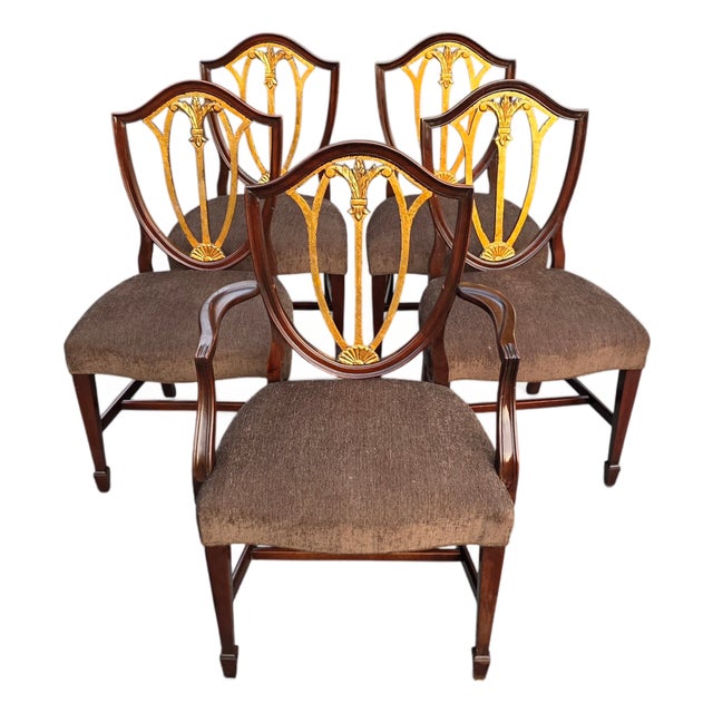 English Regency Revival Mahogany and Gilt Shield-Back Dining Chairs, Set of Five, Circa 1930 For Sale