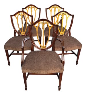 English Regency Revival Mahogany and Gilt Shield-Back Dining Chairs, Set of Five, Circa 1930