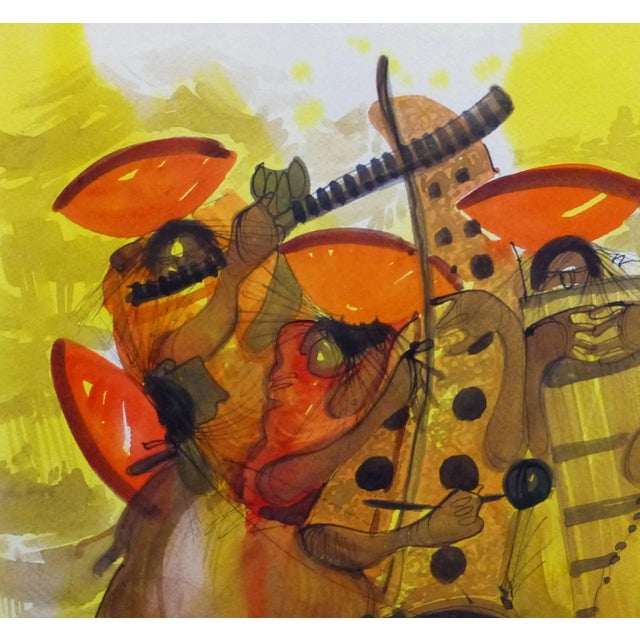Traditional "Lively Local Musicians" Vibrant Colored Watercolor Drawing For Sale - Image 3 of 5