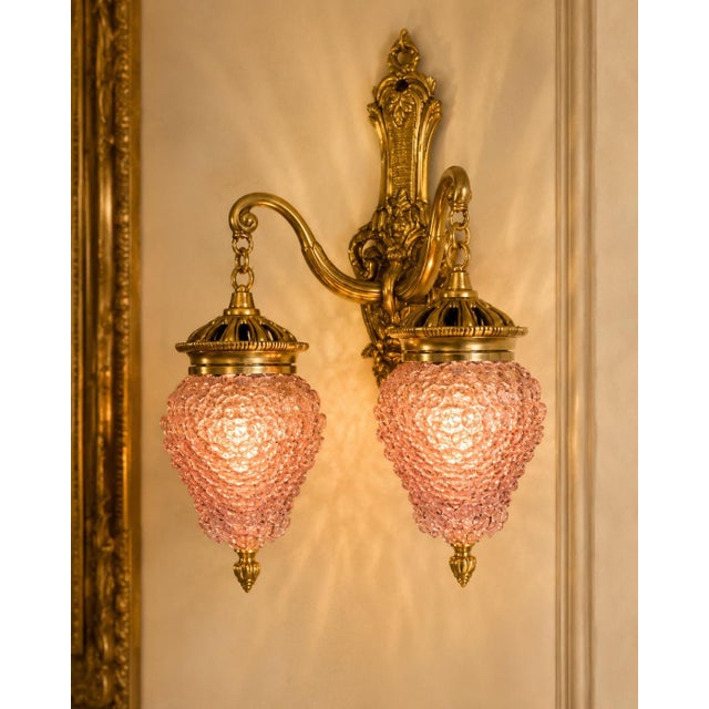 1980s French Louis XVI Gold Purple Crystal Wall Lamps Sconces-Pair For Sale - Image 6 of 14