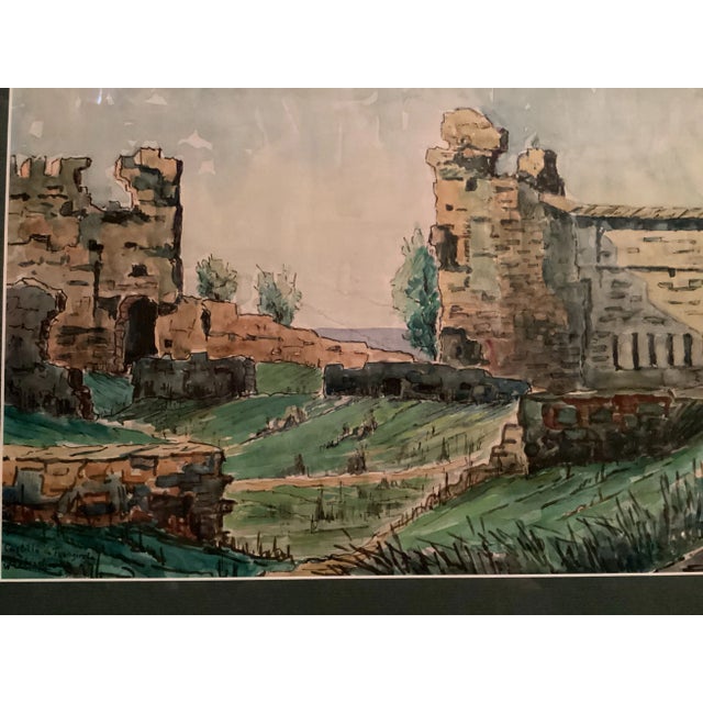 Original Watercolor, Castle Ruins in Fuengirola, Spain, Ancient Fortress Signed by Artist, Wooden Frame With Green matting For Sale - Image 11 of 12