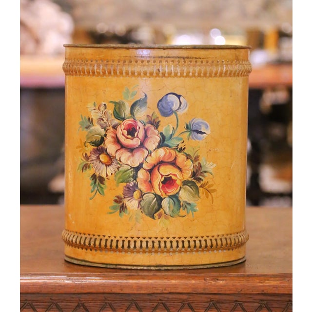 French Mid-Century French Hand-Painted Floral Tole Waste Basket For Sale - Image 3 of 12