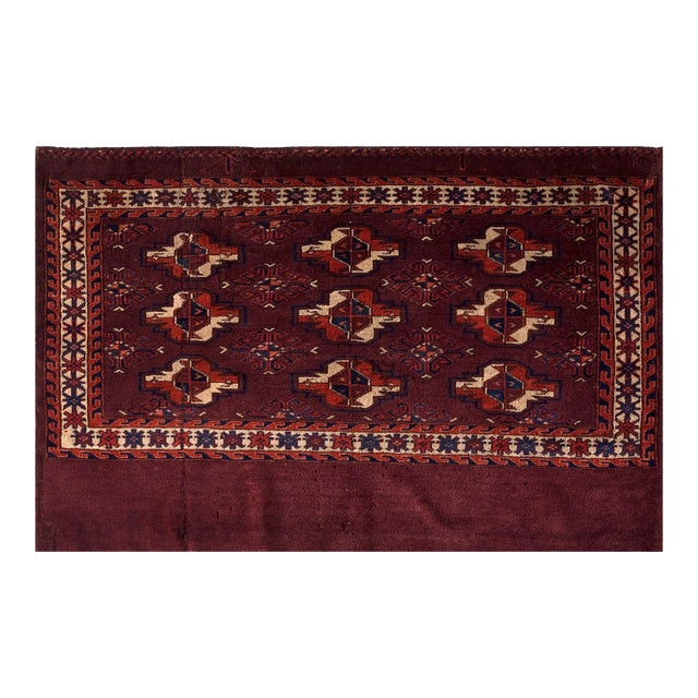 1871s Red Wine Geometric Antique Turkmen Tekke Chuval Rug 2'6" X 3'9" Handknotted Wool Carpet For Sale