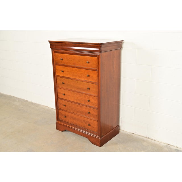 French Provincial Grange French Louis Philippe Solid Cherry Wood Highboy Dresser or Chest of Drawers For Sale - Image 3 of 14