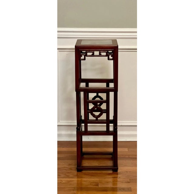 20th Century Chinese Square Carved Rosewood Pedestal Stand With Marble Top For Sale - Image 4 of 12