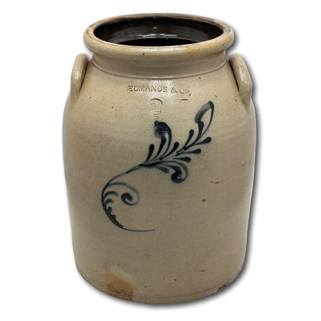 Nice Antique American Blue Decorated 2 Gallon Size Stoneware Butter Churn by Edmonds & Co. Charlestown Massachusetts For Sale In Boston - Image 6 of 18