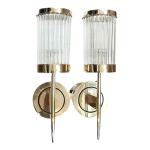 Vintage Art Deco Rod Ship Wall Sconces Fixture in Brass & Glass - a Pair