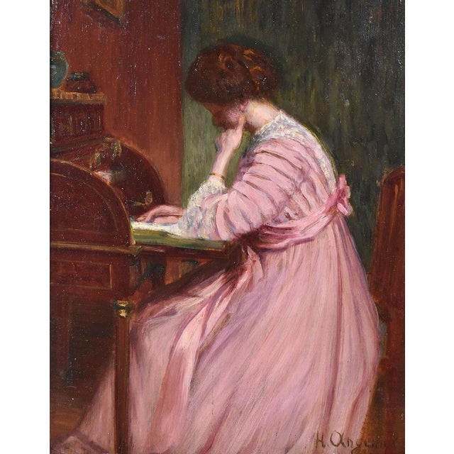 The Antique Woman Portrait Painting, Young Woman Reading, an oil painting on panel, from the middle of the 20th century....