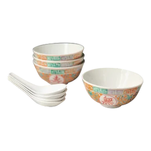 Late 20th Century Chinoiserie Japanese Handpainted Soup Set- 8 Pieces