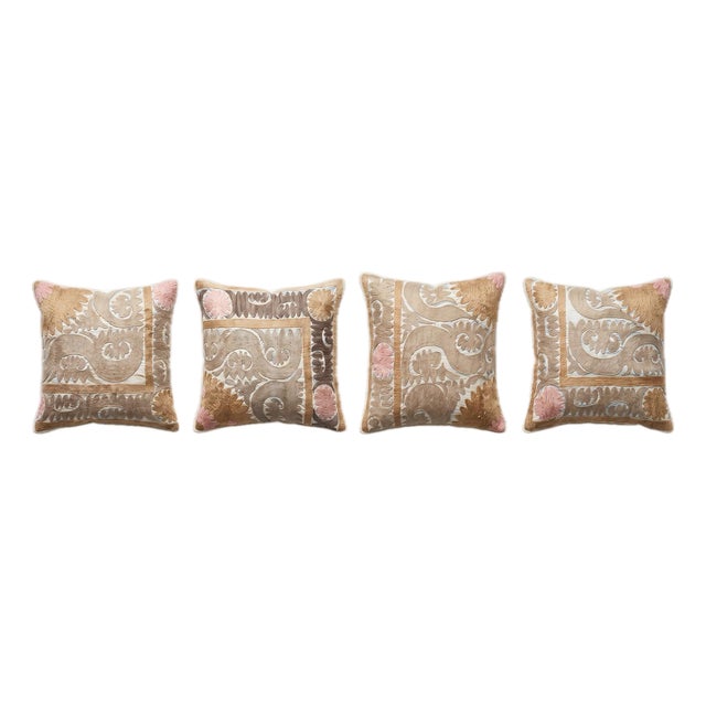 Beige Faded Suzani Bedding Pillow Cover - Set of Four For Sale