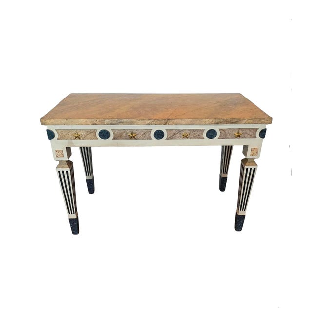 Neoclassical Neoclassical Gustavian Style Gilt Bronze Mounted Cream Painted Console Table With Marbelized Faux Marble For Sale - Image 3 of 18
