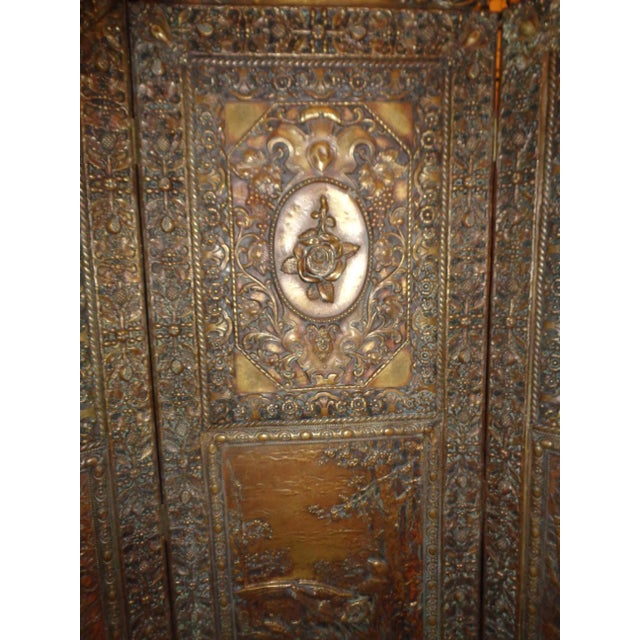 Mid 19th Century Antique Folding Screen - Tudor Revival Style Brass Repousse For Sale - Image 5 of 9