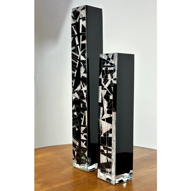Pair of large Cubist vases by Anatole Riecke, 1969. Engraved Cubist motifs, cold-enameled with natural pigments. Anatole...