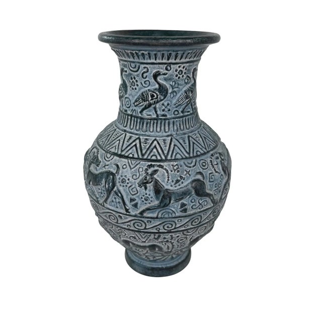 1960's Egyptian-style pottery vase. No maker's mark. Minimal age wear; tiny nick to bottom rim.