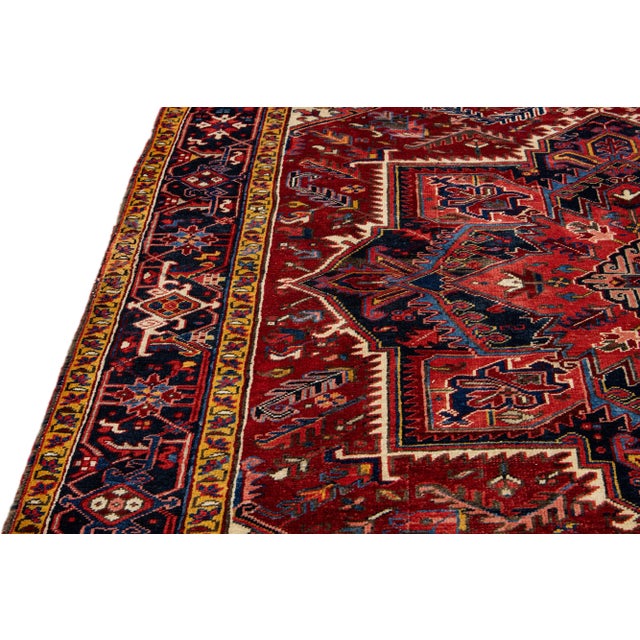 Red Vintage Handmade Heriz Red Medallion Wool Rug 7'10" X 11'3" For Sale - Image 8 of 10