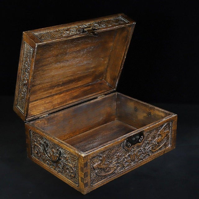 Vintage Huanghuali Wood Carved Box - Abundance & Wealth Motif For Sale - Image 4 of 10