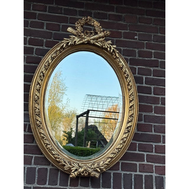 1960 French Louis XVI Gold Beech Oval Wall Mirror 1pc For Sale - Image 4 of 18