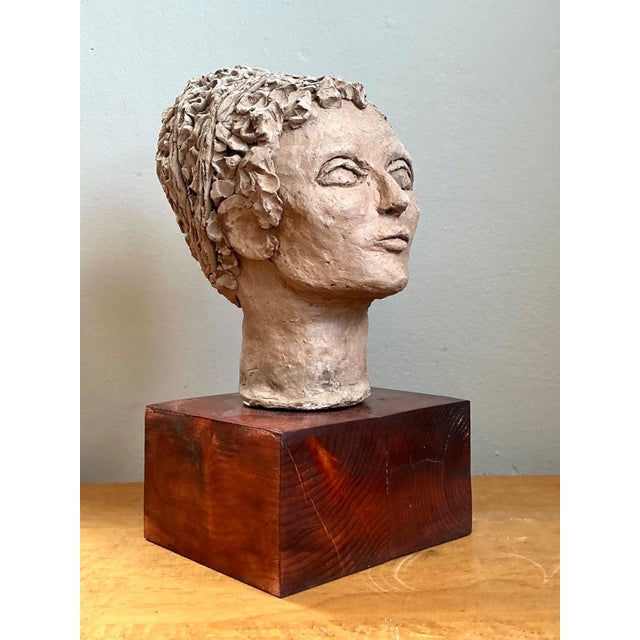 Mid 20th Century Vintage Plaster Head Sculpture on Wood Base For Sale - Image 5 of 12