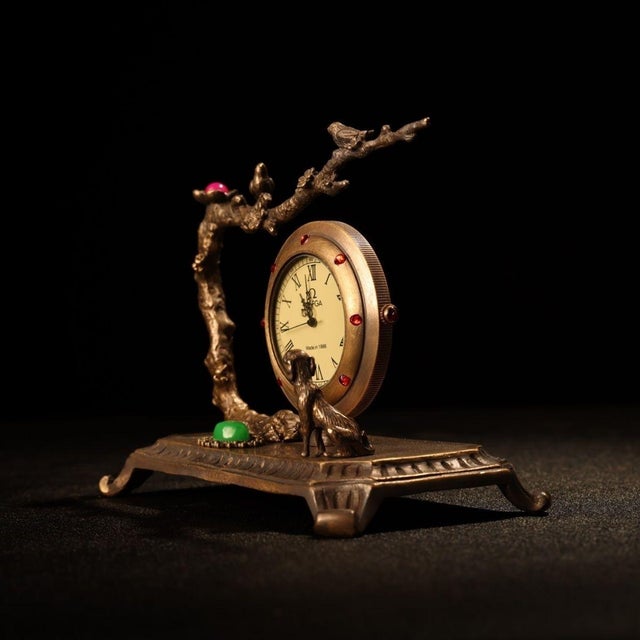 Late 20th Century Vintage Bronze Table Clock Jeweled Bird & Dog Sculptural Desk Timepiece 4.3" For Sale - Image 5 of 9