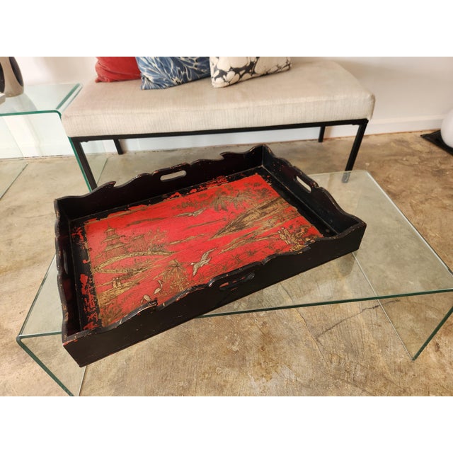 Carved Wood Chinoiserie Black and Red Lacquered Butler's Tray Table For Sale In Los Angeles - Image 6 of 11