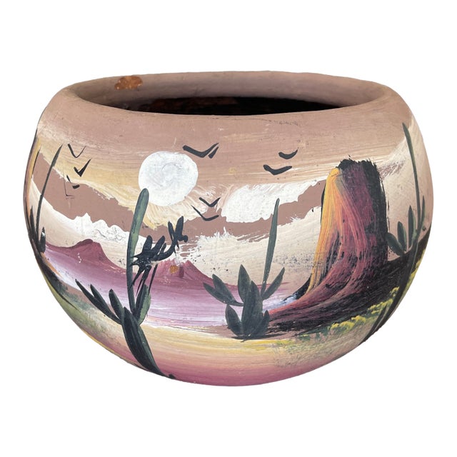 Hand-Painted Terracotta Desert Landscape Pot Marked "Mexico" For Sale