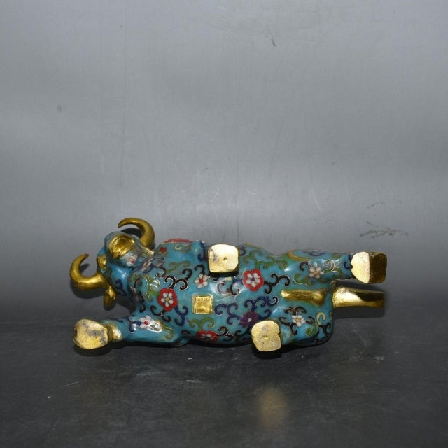 Vintage Cloisonne Enamel Bull Figurine – 11" Gilt Ox Sculpture With Floral Motif For Sale - Image 18 of 18