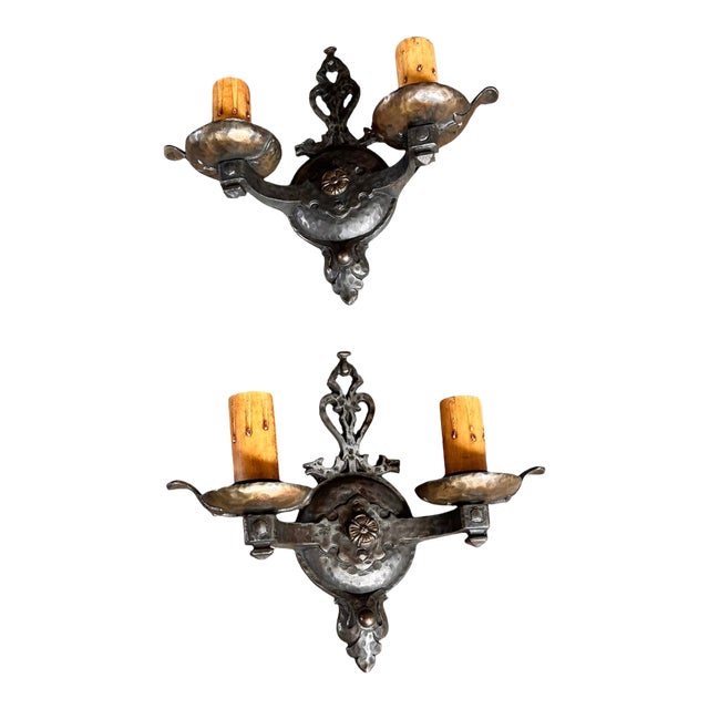 1920 Hammered and Mixed Cast Iron and Brass Sconces, Original Patina - a Pair For Sale