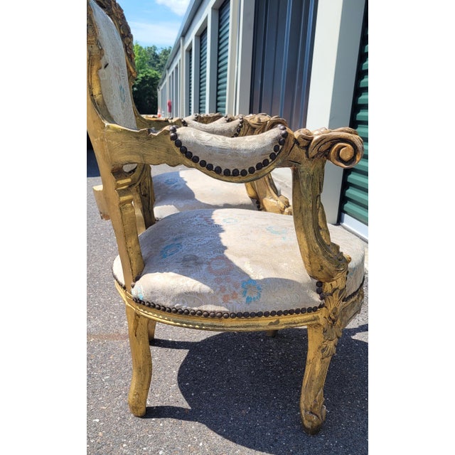 French Provincial Mid 20th Century A Pair of Oversized Gilt Wood Rococo French Armchairs For Sale - Image 3 of 13