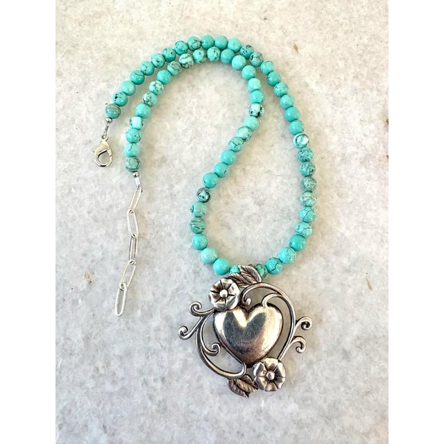 Contemporary Turquoise Beaded Neckalce With Sterling Silver Heart Pendant For Sale - Image 3 of 3