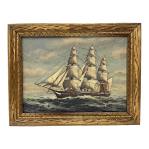 Early 20th Century Vintage William Paskell Oil on Canvas Framed Ship Painting - Pre-Owned
