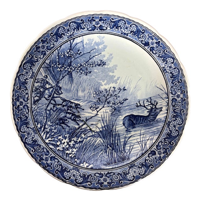 Mid 20th Century Blue and White Boch Delft Charger With Woodland Scene and Deer For Sale