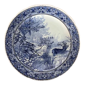 Mid 20th Century Blue and White Boch Delft Charger With Woodland Scene and Deer