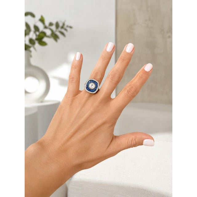 Art Deco Platinum 1 Carat Diamond Calibré Sapphire Target Ring, Size 6.75 For Sale - Image 10 of 14