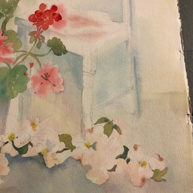 Original Vintage Watercolor Still Life Painting With Geraniums For Sale - Image 4 of 6