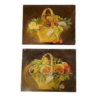 Pair German 19th Century Still Lives Fruit & Flower Baskets Oil on Board For Sale