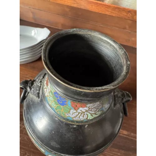 19th Century Japanese Bronze Cloisonne Vase With Handles For Sale - Image 9 of 11