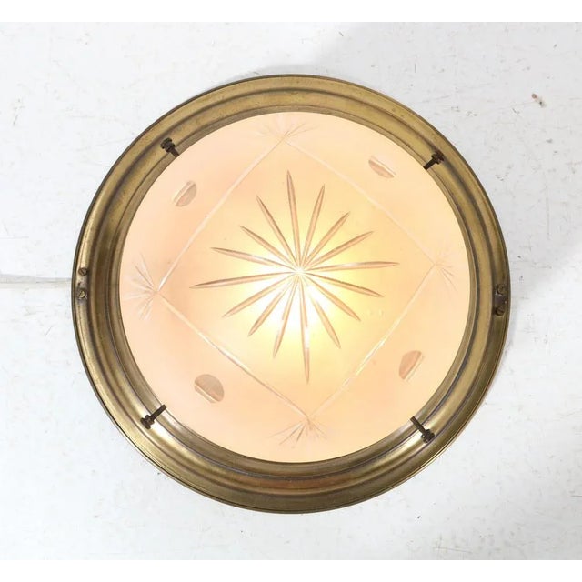 Art Nouveau Patinated Brass Cut Blown Glass Flush Mount Ceiling Light, 1900s For Sale - Image 5 of 8