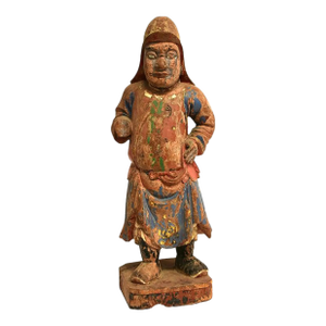 18th Century Ming Dynasty Polychrome Wood Statue of Warrior Guard