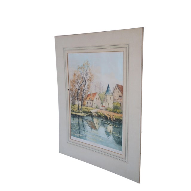 Rustic European Vintage German Hand Signed Colored Etching European Cottage River Landscape 18" For Sale - Image 3 of 12